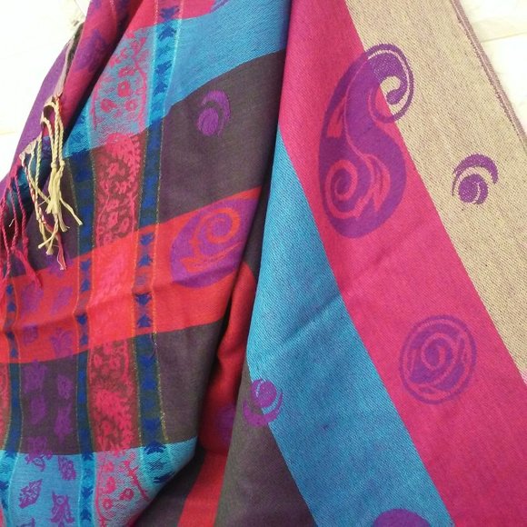 NWT Paisley Striped Floral Pashmina-style Scarf Wrap 27" x 70" Fringe Polyester - Picture 11 of 12